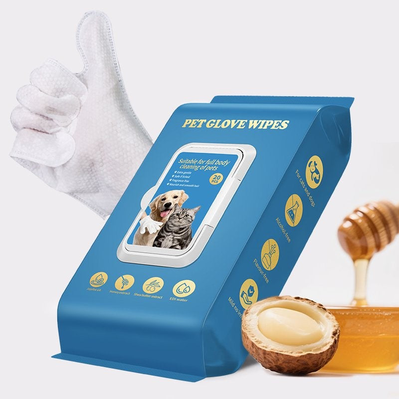PET Glove Wipes，Freshening Grooming Dog&Cat Disposable 20Pcs pet hair removal tool Satisfied skin care Outdoor No-clean Hypoallergenic Facial Disposable No-Rinse Grooming Formulated for petwipes Deodorizing sticky hair