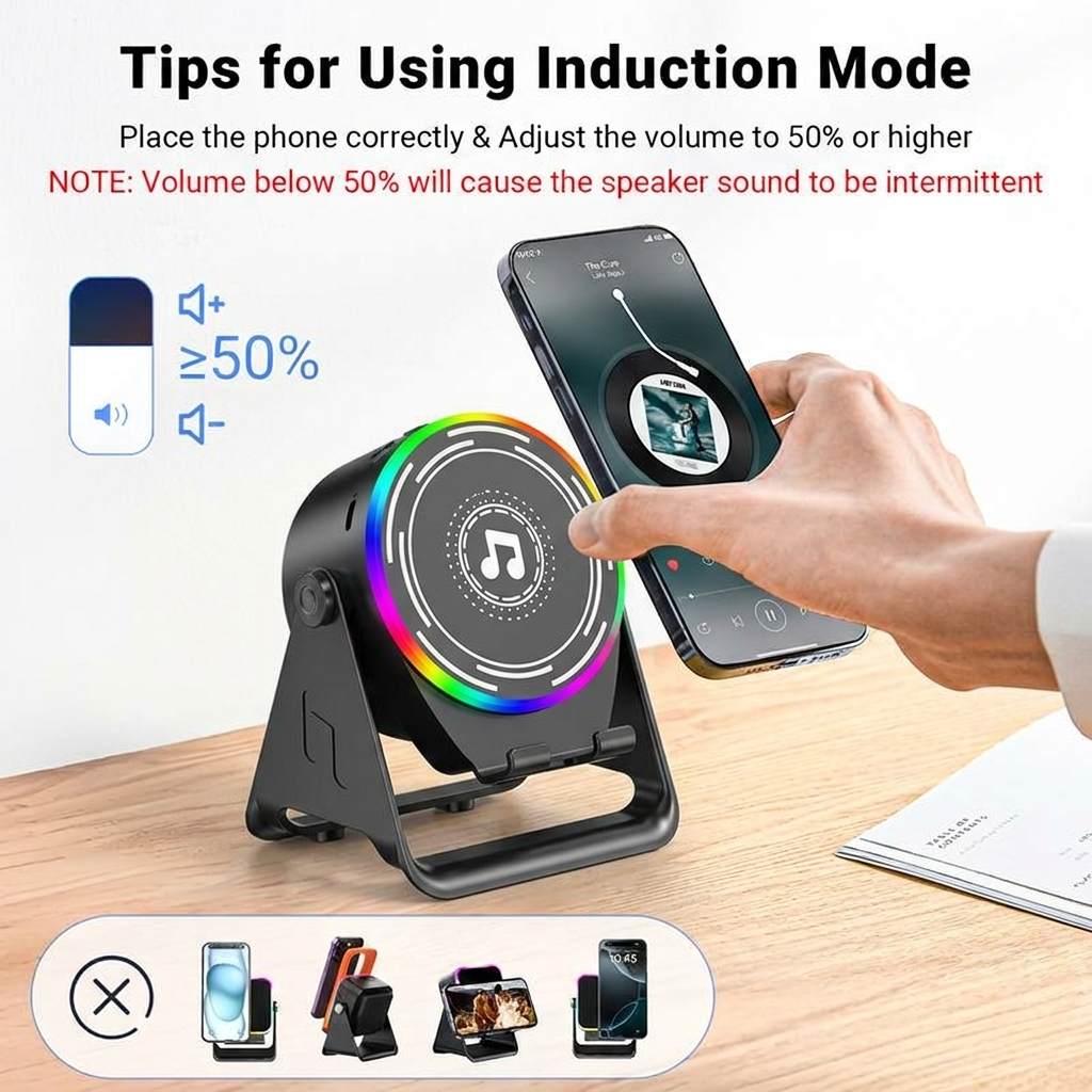 [Easter gift] Ultimate equipment for watching football matches Wireless Induction Audio Speaker Stand, 5in1 Cellphone Holder, 3500mAh Rechargeable Emergency Power Bank,360° Adjustable Mobile Tablet Stand with Colorful Ambient Light