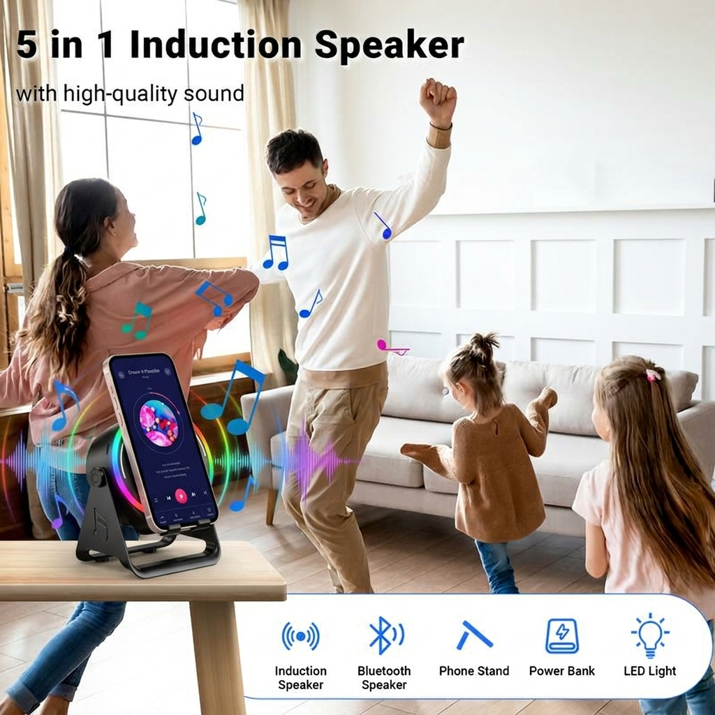 [Easter gift] Ultimate equipment for watching football matches Wireless Induction Audio Speaker Stand, 5in1 Cellphone Holder, 3500mAh Rechargeable Emergency Power Bank,360° Adjustable Mobile Tablet Stand with Colorful Ambient Light