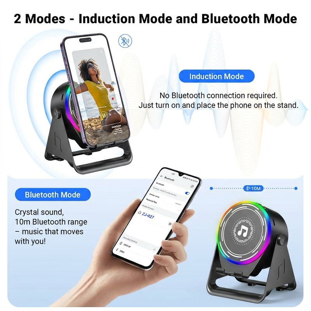 [Easter gift] Ultimate equipment for watching football matches Wireless Induction Audio Speaker Stand, 5in1 Cellphone Holder, 3500mAh Rechargeable Emergency Power Bank,360° Adjustable Mobile Tablet Stand with Colorful Ambient Light